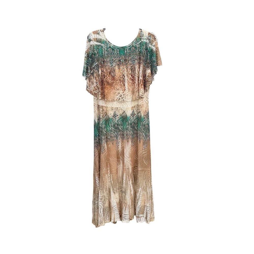 Boho Chic Perforated Maxi Dress XL Green Cream Beige Prairie Hippie Flowy Long